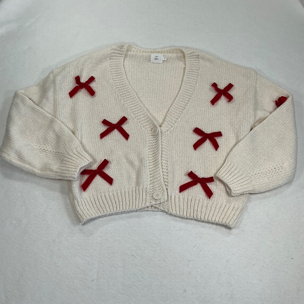Luna Ivy Cream Chunky Knit Cardigan Red Velvet Bows Coquette CC0978 Large
